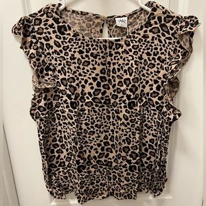 SOLD Leopard print shirt with keyhole on the back and ruffle short sleeve.